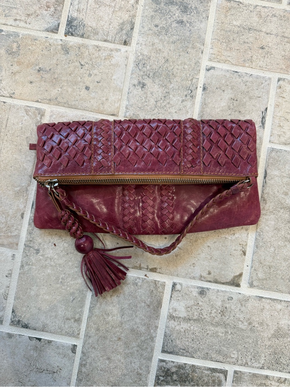 Lockheart Vintage Braided Tassel Burgundy Leather Wristlet Clutch